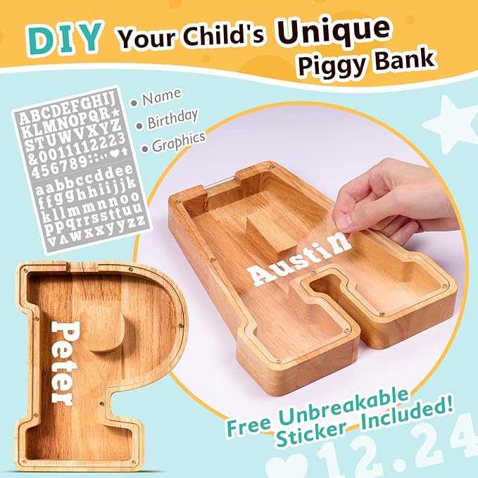 SummiDate Wooden Letter Piggy Bank| Piggy Bank for Boys Girls Toddler| Alphabet P Money Bank| Coin Bank Birthday Gift for Kids|Birthday Gift for Kids (P)