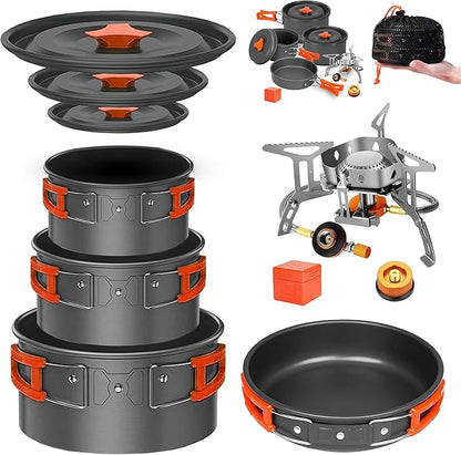 Camping Cookware Mess Kit Set with Stove - Backpacking Camping Pots and Pans Set, All in One Non-Stick Camping Cooking Set, Portable Stove, Hiking, Picnic, Outdoor & Camping Cookware Set