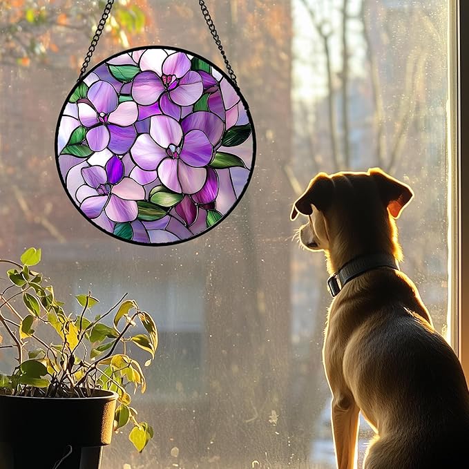 DASTOLL Stained Glass Window Hanging 4 Pcs Set Purple Flower Theme 7.8"