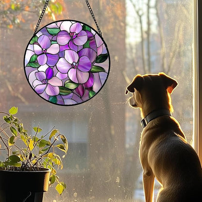 DASTOLL Stained Glass Window Hanging 4 Pcs Set Purple Flower Theme 7.8"