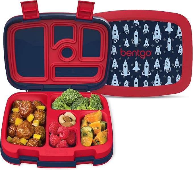 Bentgo Kids Prints Leak-Proof, 5-Compartment Bento-Style Kids Lunch Box - Ideal Portion Sizes for Ages 3-7, Durable, Drop-Proof, Dishwasher Safe, & PFAS & BPA-Free Materials (Rocket)
