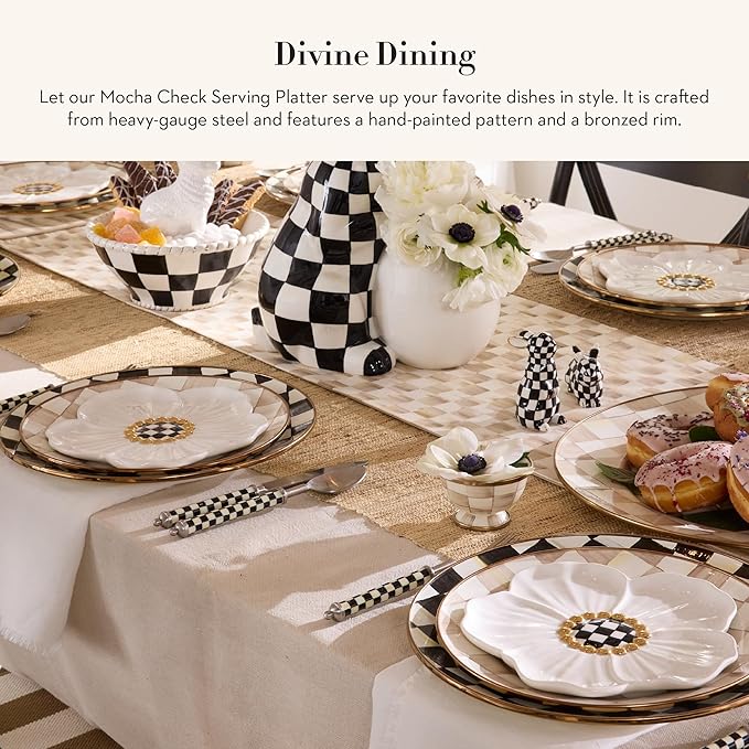 MACKENZIE-CHILDS Enamel Serving Platter, Decorative Serving Platter for Food, 16 Inches, Brown-and-White Mocha Check
