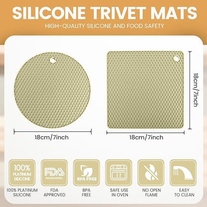 Silicone Trivet Mats 4 Heat Resistant Pot Holders Multipurpose Non-Slip Hot Pads for Kitchen Potholders, Drying mat, Jar Opener, Spoon Holder, Coaster(Nordic Rice)
