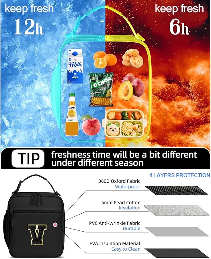 Initial Insulated Lunch Bag for Boys Kids, Back to School Gift, Reusable Leak-proof Lunch Box with Adjustable Strap for School Daycare Travel Picnic（Black，V）