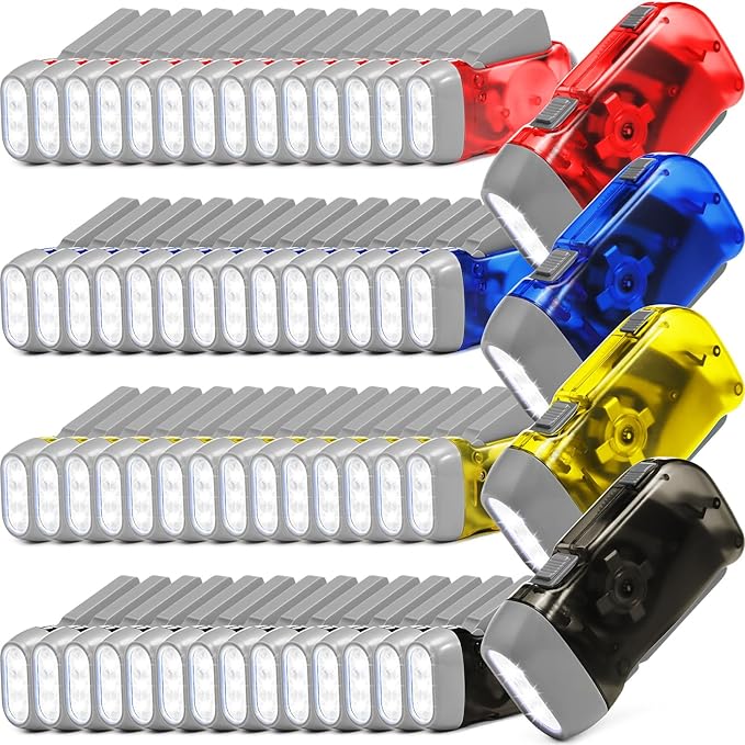 Treela 60 Pack Hand Crank Flashlight Operation Christmas Items Bulk Squeeze Flashlight No Battery Required Torchlight 3 LED Self Powered Charging(Yellow, Gray, Blue, Red)