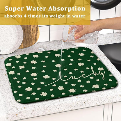 Giwawa St Patricks Day Dish Drying Mat Green Lucky Clovers Dish Drainer Mats