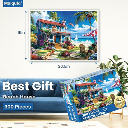 300 Pieces Puzzle for Adults | Beach House Puzzle | Recycled Cardboard Large Piece Jigsaw Puzzles 300 Pieces | Challenging Game Home Decor Birthday Party Gift Toy for Adults Kids Seniors 20.5*15 inch