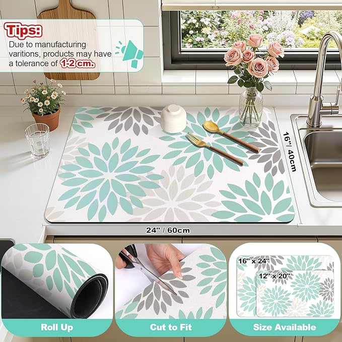 Findosom Floral Dish Drying Mat, Cuttable Drying Mat