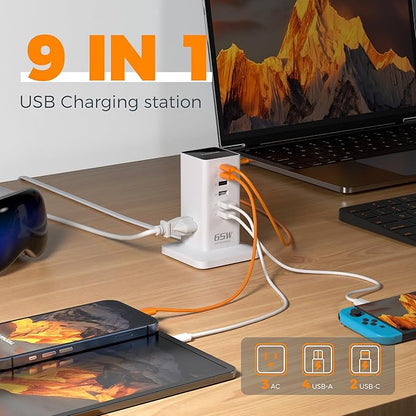 USB Charging Station for Multiple Devices PD 65W, TESSAN 9-in-1 USB C Charger