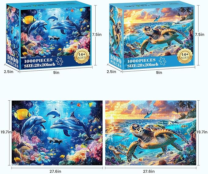 2 Pack Puzzles for Adults 1000 Pieces-Sea Turtle & Dolphins Difficult Jigsaw Puzzles for Adults,Hard Jigsaw Puzzle Decorations DIY Leisure Game Toy Suitable Family Friends(27.5x20 inches)
