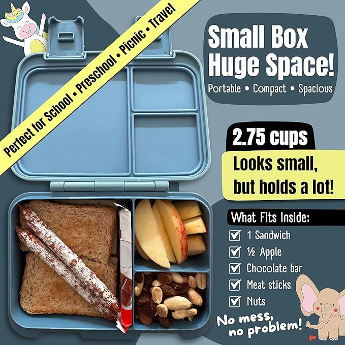 BEARFOOT Kids Lunch Box with Compartments – Compact & Lightweight | Leak-Proof, BPA-Free, Dishwasher & Microwave Safe | Hand-Drawn Design for Preschool, School, Travel (Tractor Fox Blue, 2.75 Cups)