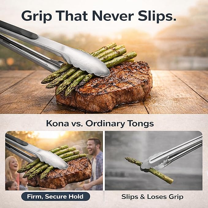 Kona Premium Stainless-Steel Locking Grill Tongs 18 inch, Heavy Duty Tongs
