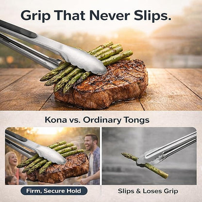 Kona Premium Stainless-Steel Locking Grill Tongs 18 inch, Heavy Duty Tongs