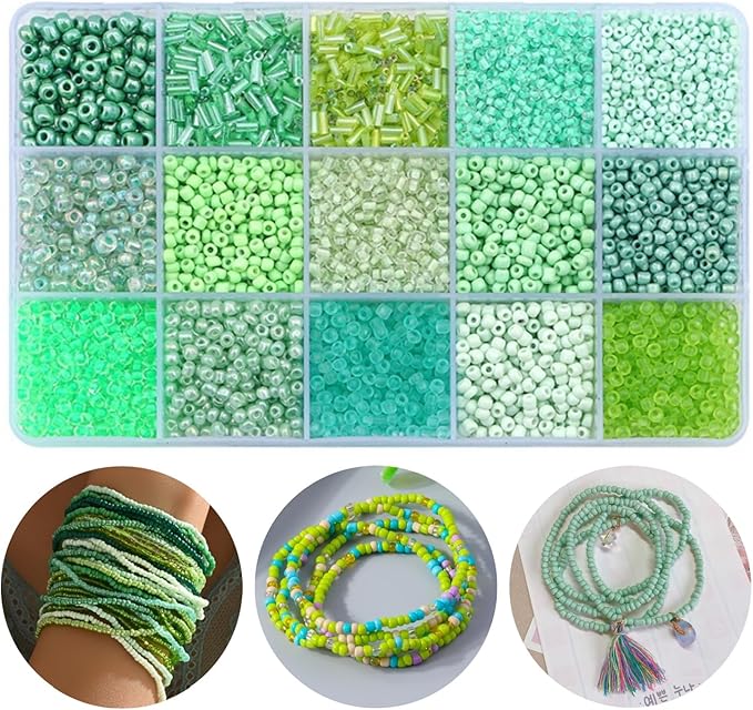 15 Color 4mm Small Assorted Glass Seed Beads,3mm Bugle Beads Friendship Bracelet Kit,2mm Tiny Tube Bead for Jewelry Making(Green)