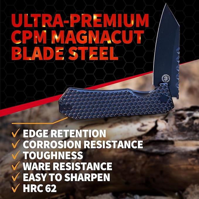 Off-Grid Knives - MAMBA V3, Large EDC Knife with MagnaCut Blade Steel, Titanium Scales and Hardware, Manual Ball Bearing Flipper, Four Finger Grip, Deep Pocket Carry (Blackout)