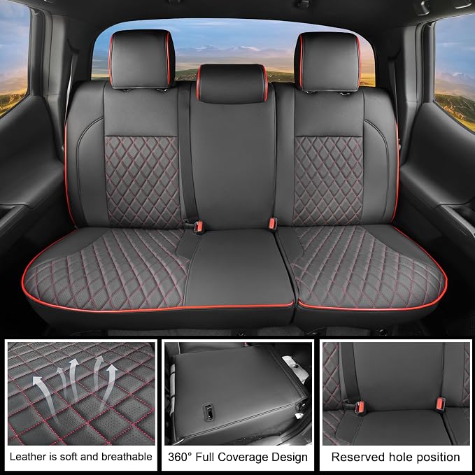Lolcar Custom Fit Tacoma Car Seat Covers for Select Toyota Tacoma 2016 2017 2018 2019 2020 2021 2022 2023 Double Cab/Crew Cab -Full Set,Leather (Red Grid)