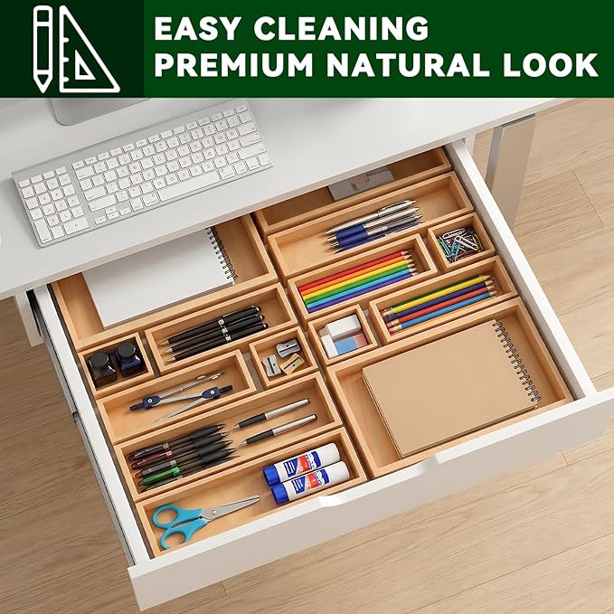Bamboo Drawer Organizer 14 Pcs for Kitchen Multi-purpose Storage Dividers for