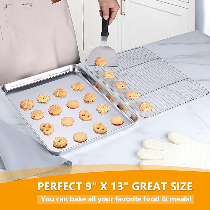 Homikit Quarter Sheet with Rack, 9x13 Stainless Steel Baking Pan with Wire