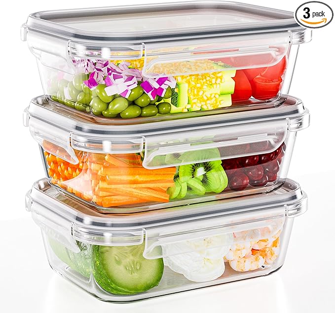 3-Pack 35 oz Borosilicate Glass Food Storage Containers with Lids, Stackable Airtight Glass Meal Prep Containers for Lunch & Leftover, BPA-Free & Leak Proof, for Microwave, Oven, Dishwasher