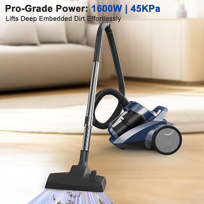 Canister Vacuum Cleaner 45KPa Power Bagless Canister Vacuums for Home with 5 Tools 4.5QT Dust Cup Double HEPA Filter Lightweight Multi-Surface Vacuum Cleaners for Carpet Hard Floor Pet Hair