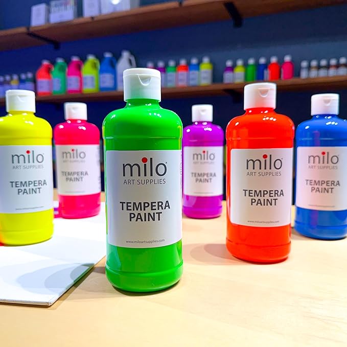 milo Fluorescent Neon Washable Paint for Kids | 16 oz Bottles 6 Colors | Made in the USA | Glows UV in Black Light | Safe & Non-Toxic Tempera Paint for Art & Craft, Poster, Window, for Children, Toddler, Classroom, School, Project