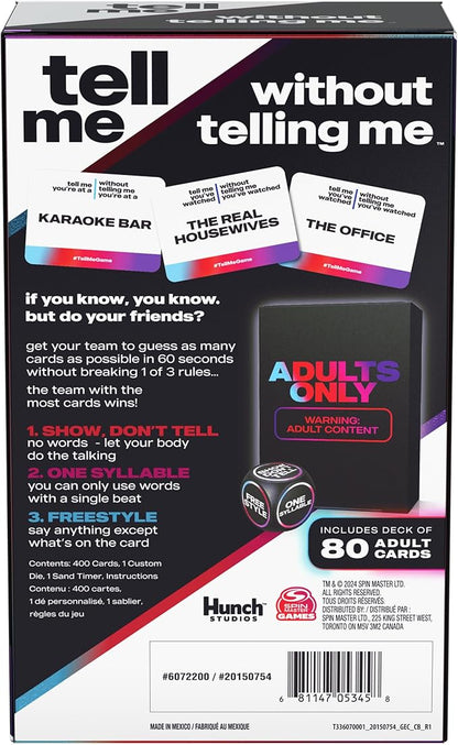 Spin Master Games, Tell Me Without Telling Me, 2025 Edition with New Cards, The Viral Adult Party Game for Bachelorette Parties, College, Friendsgiving, Adult Card Game, 4+ Players, for Ages 18 & Up