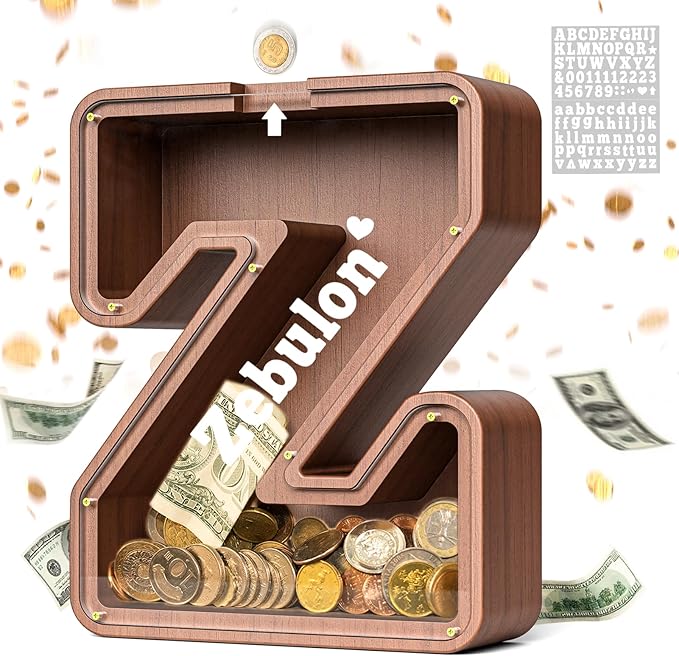 Summidate Wooden Letter Piggy Bank, Extra Thick Large Capacity Piggy Bank for Kids Boys Girls Toddler, Alphabet Z Money Bank| Coin Box Birthday, Christmas, Festival