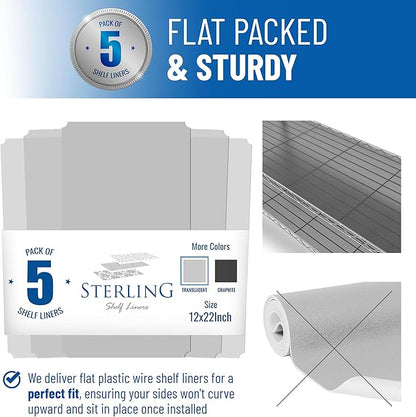 Shelf Liners for Wire Shelf System: Set of 5 in Clear: 12 x 22 inch: Plastic Wire Shelving Shelf Mats