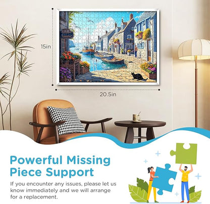 500 Piece Puzzle for Adults, Charming Coastal Village 500 Pieces Jigsaw Puzzles, Seaside Harbor with Cat Puzzle, Perfect for Family Game Night, Ideal Gift for Adults, Kids, Seniors, 20.5 x 15 in