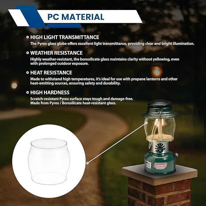 American Mantle Lantern Globe Replacement Height: 5¼" (133.35mm) Diameter 4 7⁄8" (123.83mm) | Clear Borosilicate Glass Fits Coleman Lanterns 214 282 285-700 288 321 355 5150-5159