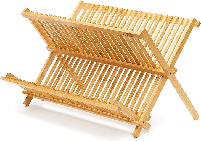 RoyalHouse Premium Natural Bamboo Dish Rack, Collapsible Dish Drainer, Foldable