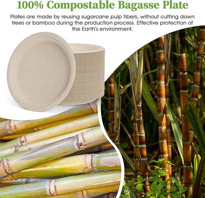 ECOLipak Paper Plates 10 Inch, 150 Pack Compostable Heavy Duty Disposable Biodegradable Sugarcane Bagasse Eco Friendly Paper Plates for Thanksgiving Party Dinner