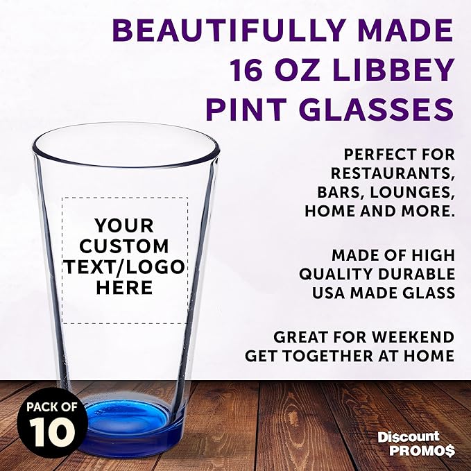 Custom Libbey Pint Glass 16 oz. Set of 10, Personalized Bulk Pack - Beer Glasses, Heavy Duty Drinkware - Blue