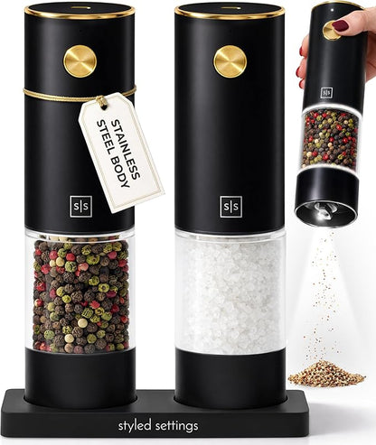 Electric Salt and Pepper Grinder Set Rechargeable – Black and Gold Salt and