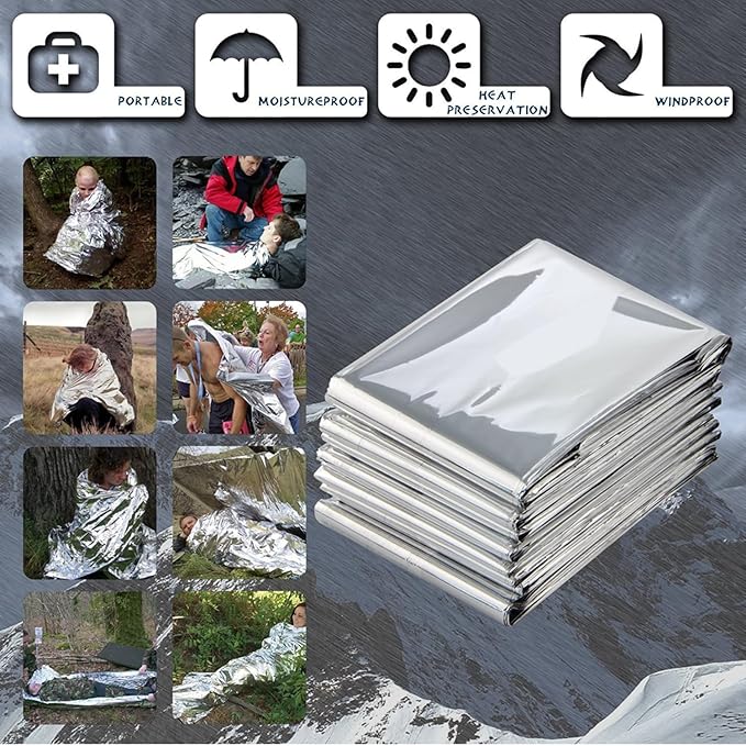 Emergency Foil Blanket, Survival Thermal Mylar Blankets Individually Packaged Perfect for Outdoors, Hiking, Survival, Marathons or First Aid (Silver (6 Pack))