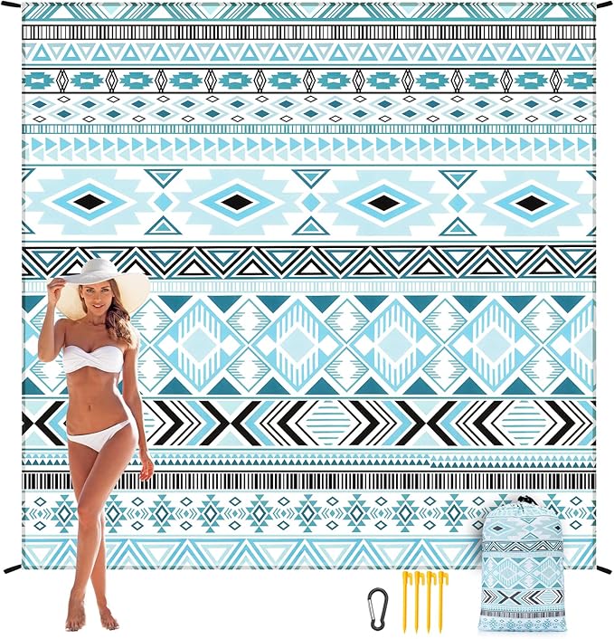 Beach Blanket Waterproof Sandproof Beach Mat 79" X 83"/10'x9'for 2-8 Adults Quick Drying Outdoor Picnic Mat Beach Accessories for Travel, Camping, Hiking
