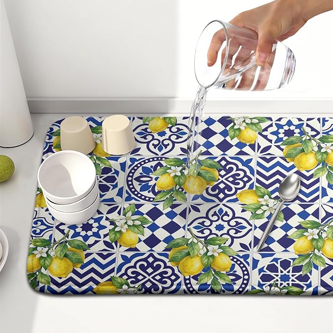 Lemon and Blue Tile Dish Drying Mat 16x18 Inch Absorbent Reversible Mexican