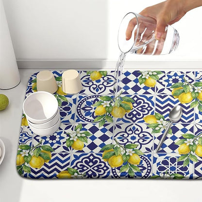 Lemon and Blue Tile Dish Drying Mat 16x18 Inch Absorbent Reversible Mexican