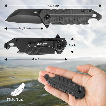 FLISSA 4.5" G10 handle folding knife, FLISSA Folding Knife, 4" Small Pocket Knife with Bottle Opener and Slotted Screwdriver, Dual Craftsman Handle, EDC Pocket Knife for Hunting, Survival, Camping and Outdoor Activities, Black