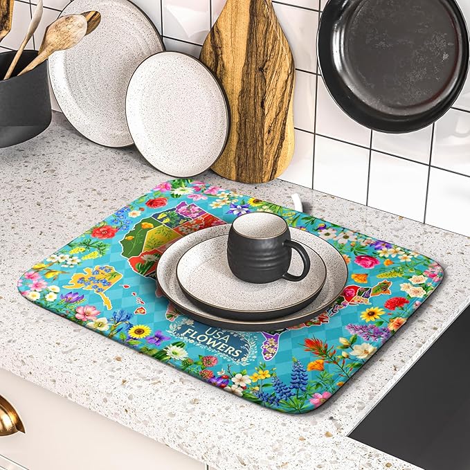 Flower Map Dish Drying Mat American Floral Decoration Coffee Mat