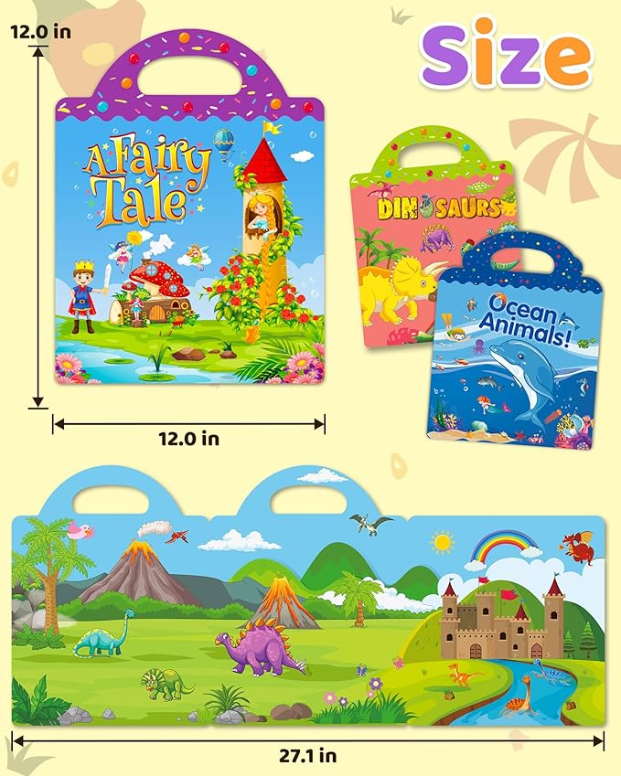 Benresive Reusable Sticker Books for Kids 2-4, Sticker Books for Toddlers 1-3 2-4, Toddler Travel Toys Activities Crafts Gifts - Ocean, Fairy and Dinosaur