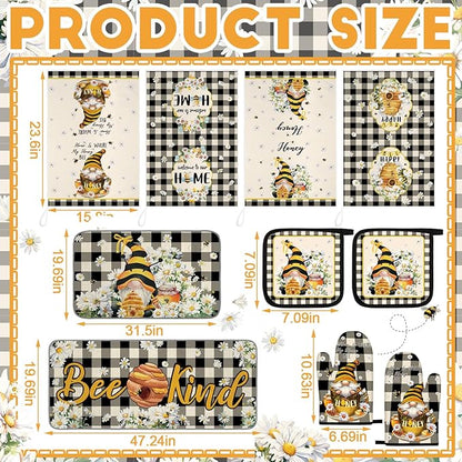Fourluoo 10 Pcs Bee Kitchen Decor Set 4 Kitchen Towels 2 Pot Holders 2 Oven