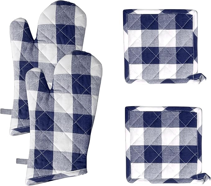 Native Fab Buffalo Plaid Check Oven Mitts and Pot Holders Set of 4, 100% Cotton