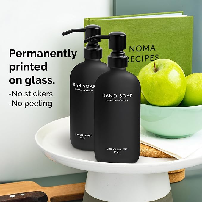 Vine Creations Black Glass Soap Dispenser Set, Dish Soap and Hand Soap