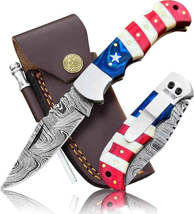 Damascus Steel Pocket Knife with Clip and Leather Sheath - EDC Knife for Outdoor and Camping Activities, Handmade Folding Knife, Free knife Sharpner (American Flag handle) (American Flag Handle)