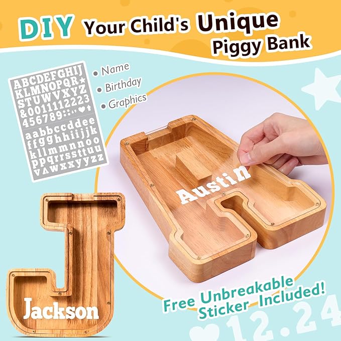 SummiDate Wooden Letter Piggy Bank| Piggy Bank for Boys Girls Toddler| Alphabet J Money Bank| Coin Bank Birthday Gift for Kids|Birthday Easter Gifts for Kids (J)