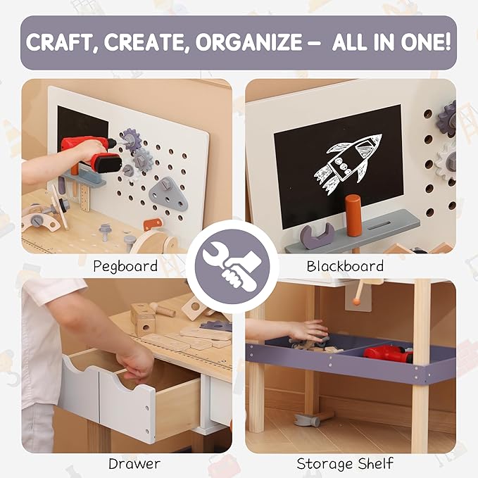 Wooden Kids Tool Bench with Electric Drill, Toddler Tool Bench with Storage Drawers and Platform, Toy Workbench Workshop with Play Tools Set for Boys and Girls, Perfect for Ages 3+