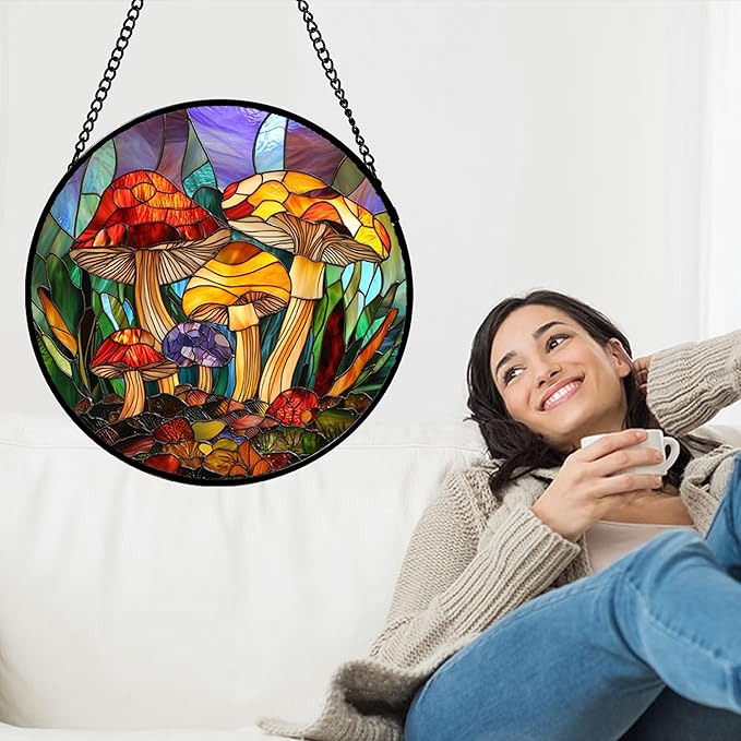 DASTOLL Stained Glass Window Hanging, Jungle Mushrooms Sun Catchers Diamond