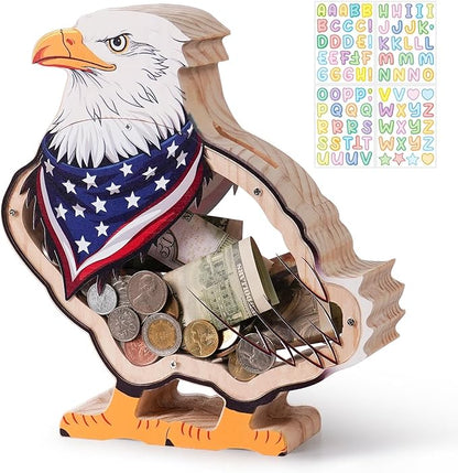 Wooden Eagle Piggy Banks for Kids Money Coin Bank, Cute Unbreakable Piggy Bank DIY Personalized Kids Safe Money Box with Stickers, Toddler Birthday Baptism Gifts for Girls Boys Eagle Lovers