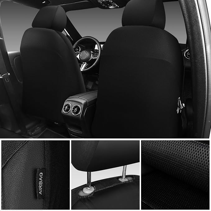 CAR PASS Leather and 3D Air Mesh Universal Fit Car Seat Covers, for Sedans,Trucks,Suvs,Airbag Compatible,Zipper Design and Reserved Opening Holes for Headrest(Full Set, Black and Black)